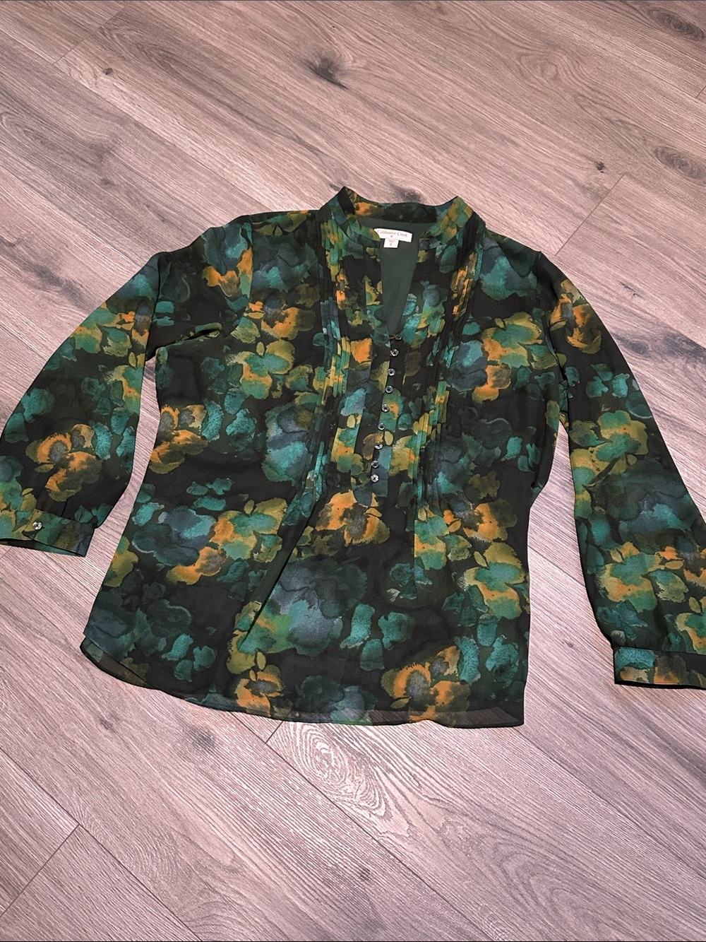 Coldwater Creek Dark Green Teal and Mustard Floral Pintuck Blouse